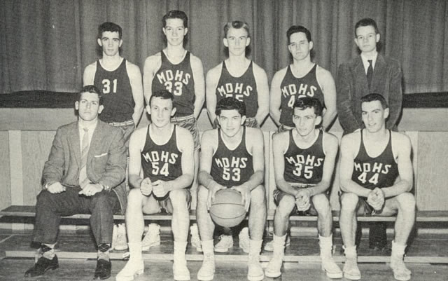 Senior Basketball; Back Row -- Left to Right -- Ed Gray, Gerry Burke, Ernie Armstrong, Terry Lunau, Bruce Petrie.  Front Row -- Mr. Barnhardt, Ron Jones, John Leishman, Bill DeGuerre, Bob Graham.