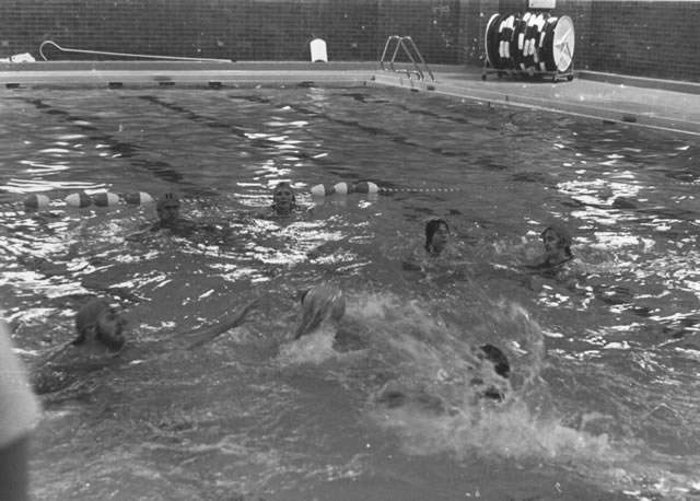 Staff water polo game vs students. Mr. Bird, Mr. Zauitz, Mrs. Kennedy and Miss. Worral